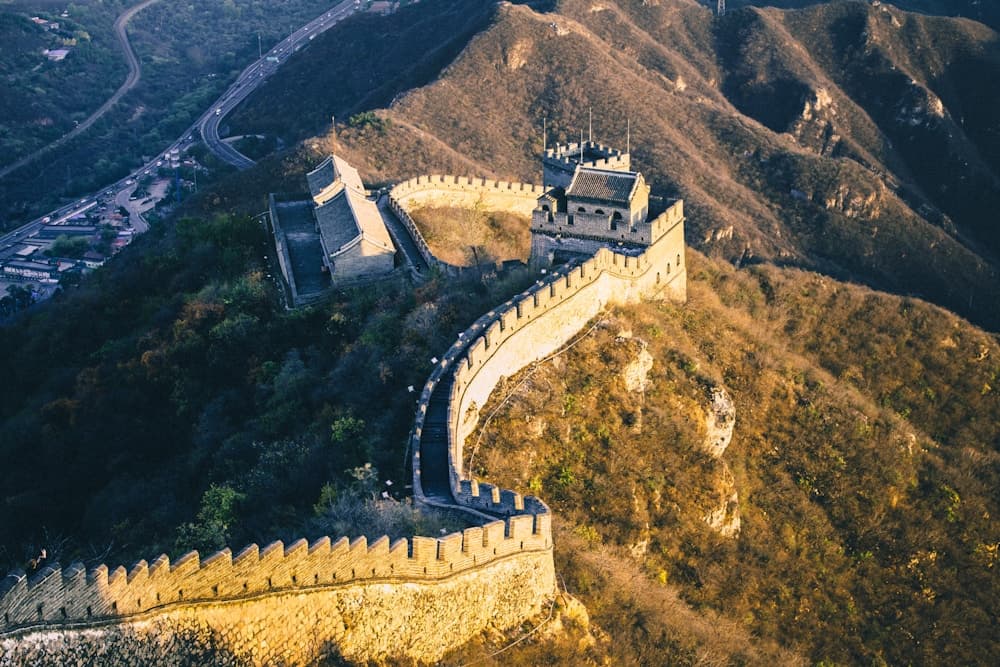 The Great Wall winding across hills in China