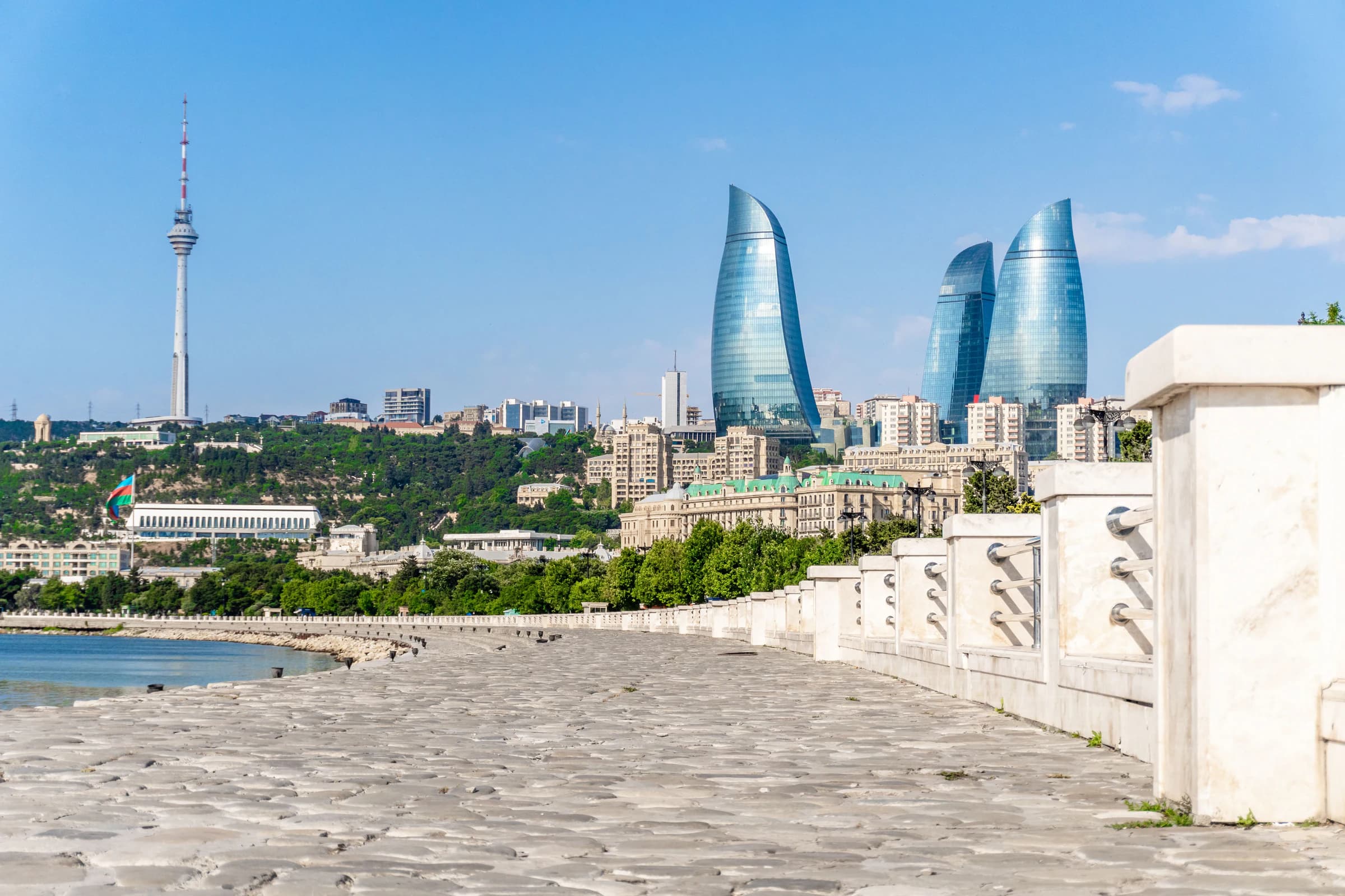 Baku skyline and Flame Towers beside the Caspian Sea