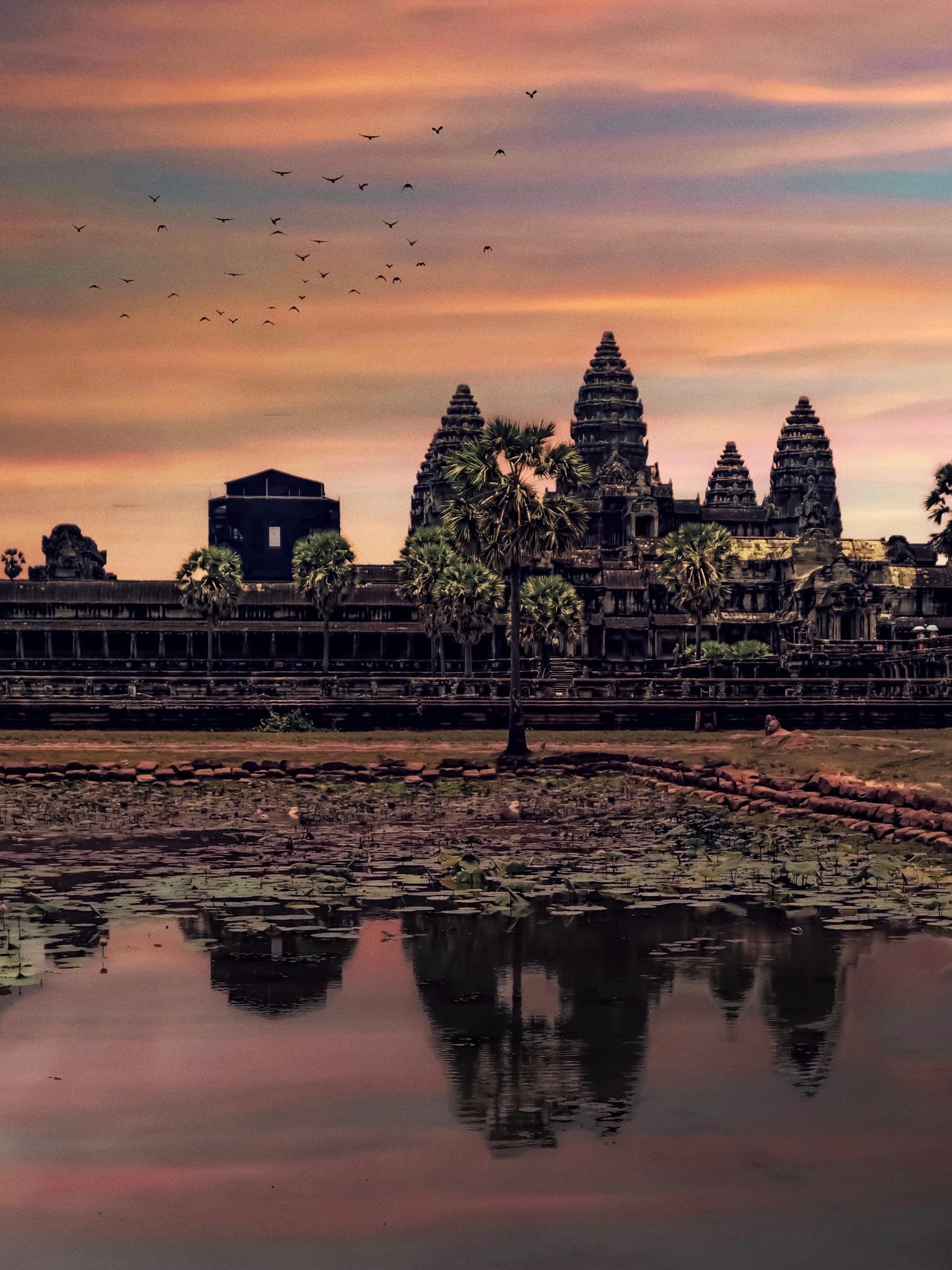 Angkor Wat reflected in water at sunset