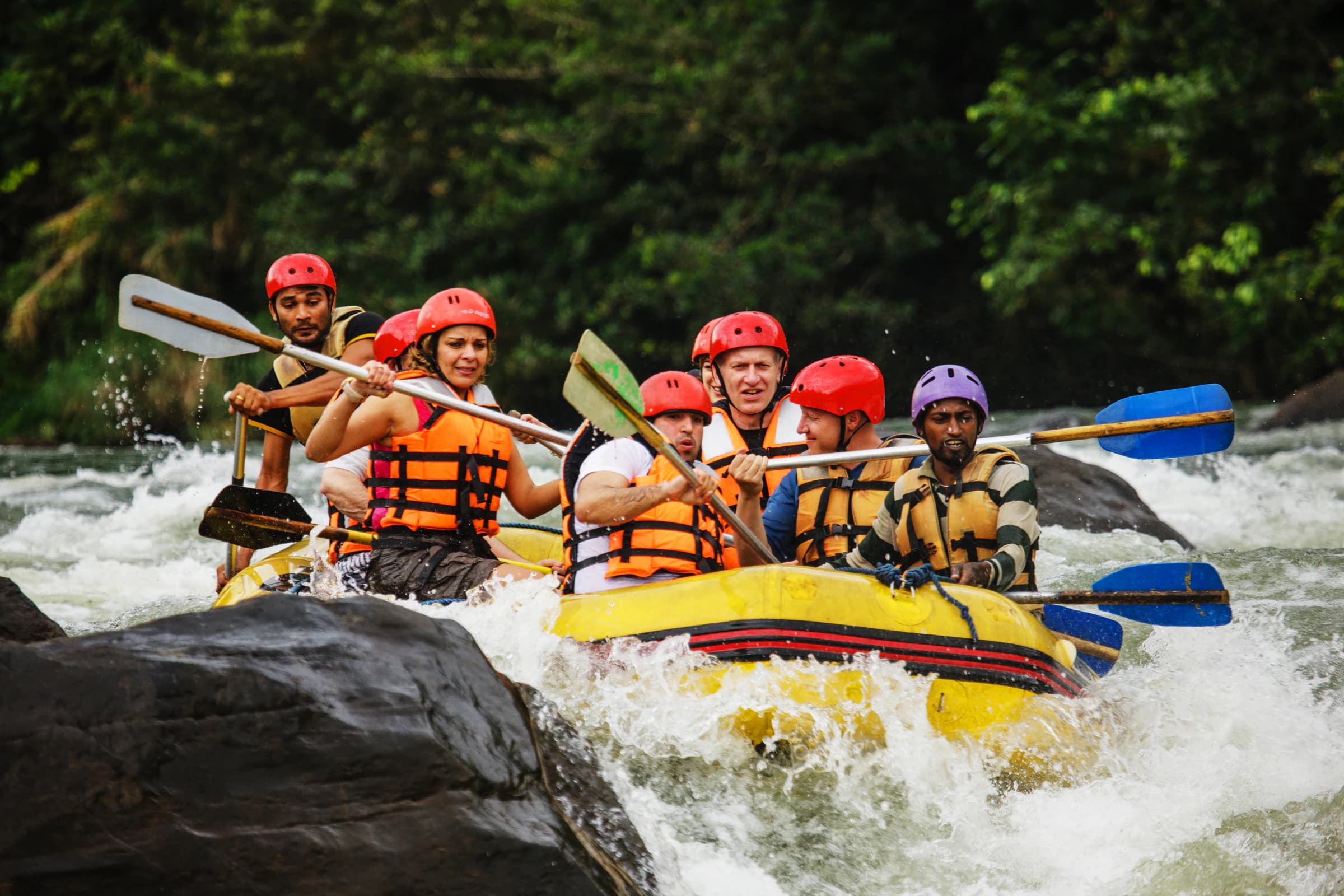 A group rafting through white water in a forested landscape