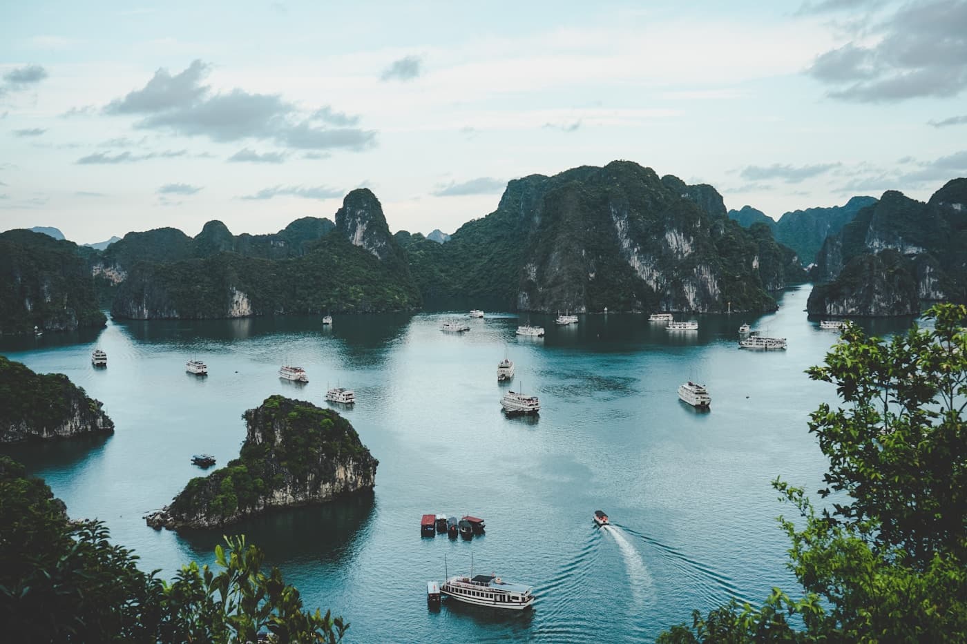 Boats among limestone islands in Ha Long Bay, Vietnam
